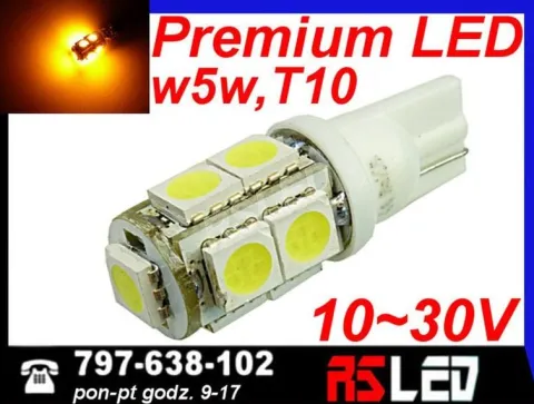 żarówka LED T10 9 Premium LED SMD w5w 12v pomarańczowa kierunki