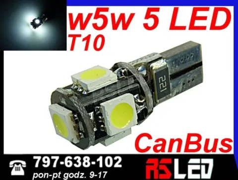 żarówka LED T10 5 SMD w5w w3w biala zimna 12v EKO CANBUS can bus