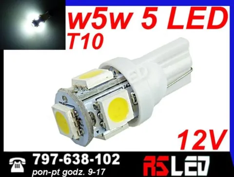 żarówka LED T10 5 SMD w5w w3w biala zimna 12v EKO