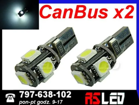 żarówka LED T10 5 SMD w5w w3w biala zimna 12v EKO CANBUS can bus 2 SZT