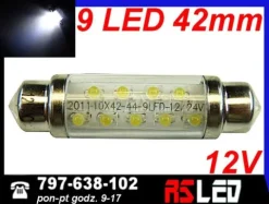 żarówka 9 LED 10x42 mm rurka 42mm biała zimna 12v