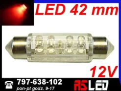 żarówka 9 LED 10x42 mm rurka 42mm CZERWONA 12v