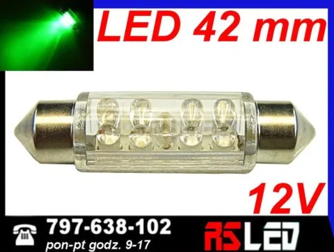 żarówka 9 LED 10x42 mm rurka 42mm ZIELONA 12v