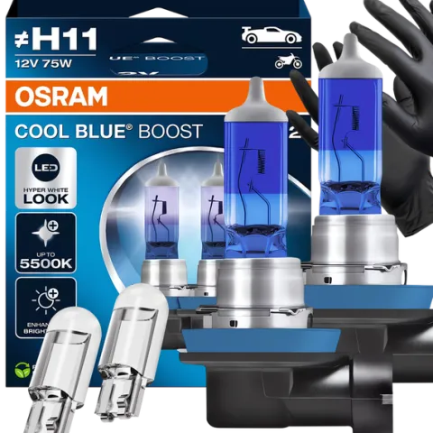 Żarówki Osram H11 Cool Blue Boost 5500K Białe + W5W Clear LED + Rękawiczki