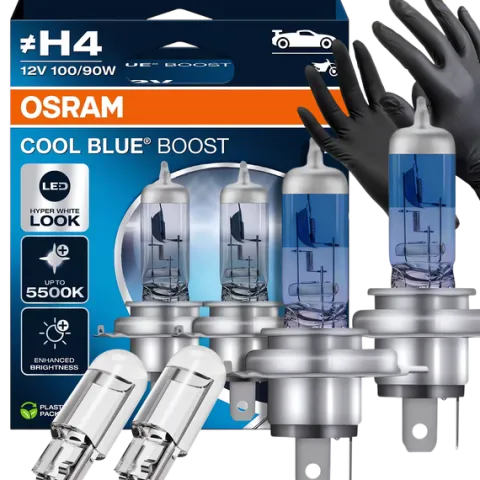 Żarówki Osram H4 Cool Blue Boost 5500K Białe + W5W Clear LED + Rękawiczki
