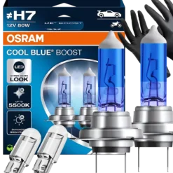 Żarówki Osram H7 Cool Blue Boost 5500K Białe + W5W Clear LED + Rękawiczki