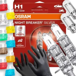 Żarówki Osram H1 Night Breaker Silver 100% W5W Led BEZPIECZNIKI Rękawiczki