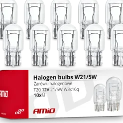 Żarówki W21/5W AMiO 21/5W 12V T20 Dwuwłóknowe Pozycja Dzienne Stop 10 szt
