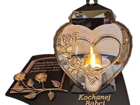 BABCIA BABCI ZNICZ LAMPION NA GRÓB SERCE I SERCE ZŁOT SKOS SENTENCJA+ŚWIECA