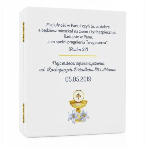 Biblia dla dziecka na prezent na KOMUNIĘ w drewnianej szkatułce+ NADRUK