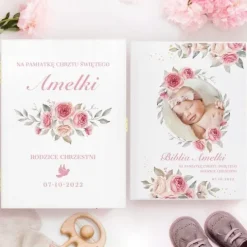 Biblia prezent na CHRZEST KOMUNIĘ w drewnianej szkatułce pamiątka + NADRUK