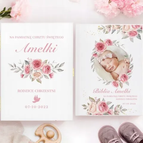 Biblia prezent na CHRZEST KOMUNIĘ w drewnianej szkatułce pamiątka + NADRUK