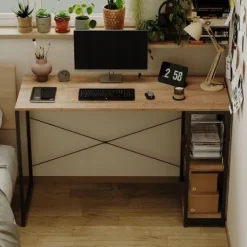 Biurko komputerowe stół loft jasny brąz nowoczesne z półkami industrialne