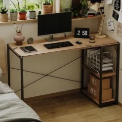 Biurko komputerowe stół loft jasny brąz nowoczesne z półkami industrialne