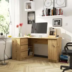 Biurko narożne B20 155 cm lewe - dąb artisan - 3 szuflady