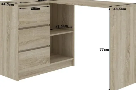BIURKO NAROŻNE B16 124 cm LEWE 3 SZUFLADY DĄB SONOMA / BIAŁE