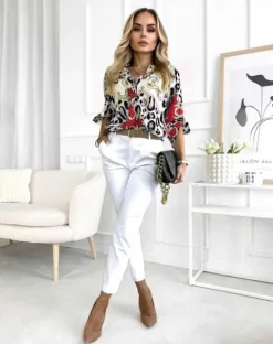 BLUZKA DAMSKA koszula luźna elegancka wzorzysta dekolt guziki