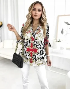 BLUZKA DAMSKA koszula luźna elegancka wzorzysta dekolt guziki