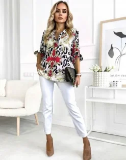 BLUZKA DAMSKA koszula luźna elegancka wzorzysta dekolt guziki