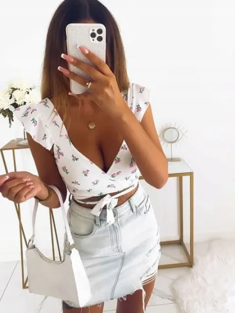 BLUZKA TOP MODNA STYLOWA KWIATY KOPERTOWY DEKOLT WIĄZANIE WZÓR 3 S/M BYSISI