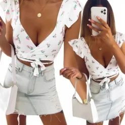 BLUZKA TOP MODNA STYLOWA KWIATY KOPERTOWY DEKOLT WIĄZANIE WZÓR 3 S/M BYSISI