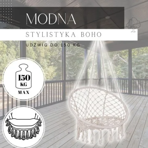 Bocianie gniazdo z frędzlami huśtawka ogrodowa kremowa
