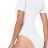 Body z Krótkim Rękawem Basic Prążkowane Białe Kwadratowy Dekolt L