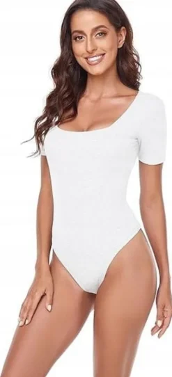 Body z Krótkim Rękawem Basic Prążkowane Białe Kwadratowy Dekolt L
