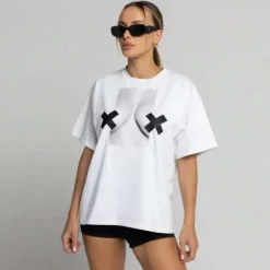 Chiara Wear - T-shirt bawełniany oversize XX BOOBIES - biały S