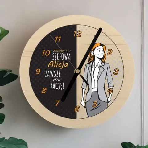 Drewniany ZEGAR na PREZENT dla SZEFOWEJ DEDYKACJA