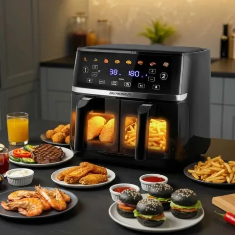 Duża frytkownica beztłuszczowa 10,2l Air fryer XL dwukomorowa Berdsen 1700W BD-657 czarna