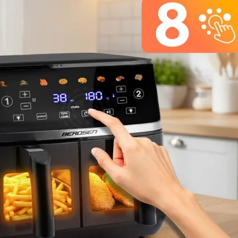 Duża frytkownica beztłuszczowa 10,2l Air fryer XL dwukomorowa Berdsen 1700W BD-657 czarna