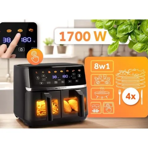 Duża frytkownica beztłuszczowa 10,2l Air fryer XL dwukomorowa Berdsen 1700W BD-657 czarna