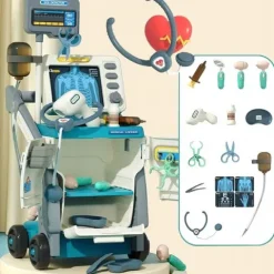 Duży zestaw lekarski EKG RTG RENTGEN XXL mały lekarz doktor WÓZEK MEDYCZNY