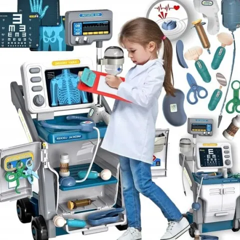 Duży zestaw lekarski EKG RTG RENTGEN XXL mały lekarz doktor WÓZEK MEDYCZNY