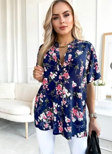 Elegancka BLUZKA DAMSKA luźna wygodna bawełniana modny print kwiaty