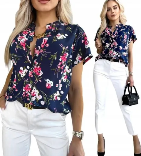 Elegancka BLUZKA DAMSKA luźna wygodna bawełniana modny print kwiaty