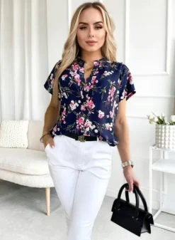 Elegancka BLUZKA DAMSKA luźna wygodna bawełniana modny print kwiaty