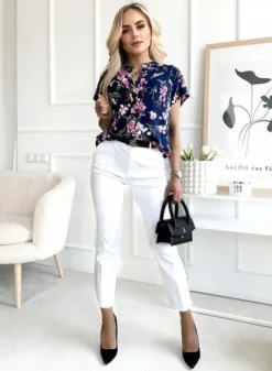 Elegancka BLUZKA DAMSKA luźna wygodna bawełniana modny print kwiaty