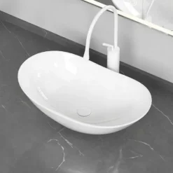 ELEGANCKA UMYWALKA NABLATOWA OWALNA CERAMICZNA BIAŁA NA BLAT POŁYSK