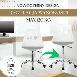 Fotel dziecięcy do biurka, obrotowe krzesło na kółkach regulowane dla dzieci do nauki, biało-szare