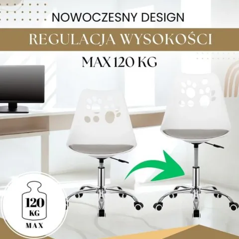 Fotel dziecięcy do biurka, obrotowe krzesło na kółkach regulowane dla dzieci do nauki, biało-szare