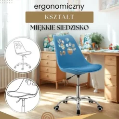 Fotel dziecięcy do biurka, obrotowe krzesło na kółkach regulowane dla dzieci do nauki, niebieskie