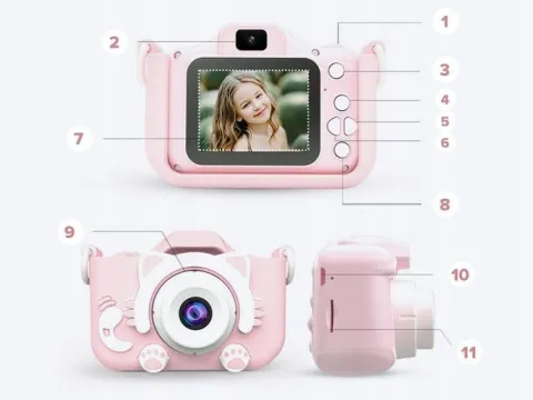 KAMERA DLA DZIECI APARAT FOTOGRAFICZNY RÓŻ KOTEK + KARTA 8GB + SMYCZ ZESTAW