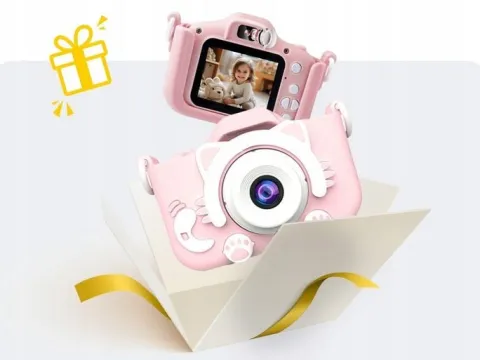 KAMERA DLA DZIECI APARAT FOTOGRAFICZNY RÓŻ KOTEK + KARTA 8GB + SMYCZ ZESTAW
