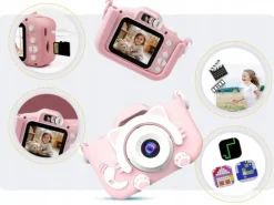 KAMERA DLA DZIECI APARAT FOTOGRAFICZNY RÓŻ KOTEK + KARTA 8GB + SMYCZ ZESTAW