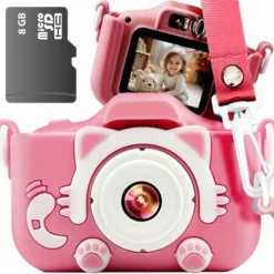 KAMERA DLA DZIECI APARAT FOTOGRAFICZNY RÓŻ KOTEK + KARTA 8GB + SMYCZ ZESTAW