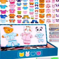 Klocki Puzzle Magnetyczne Układanka Ubieranie Ubieranka Mis Kotek 68el