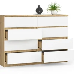Komoda do salonu K 140 cm 8 szuflad - dąb artisan-biała