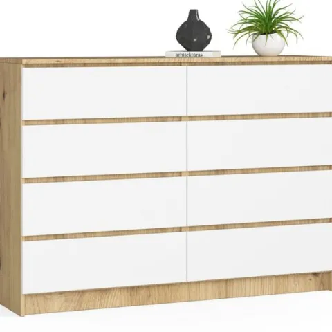 Komoda do salonu K 140 cm 8 szuflad - dąb artisan-biała
